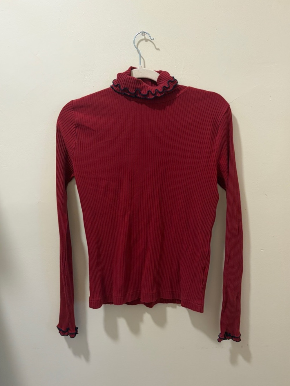 j crew ribbed red turtleneck black lettuce hem trim long sleeve top